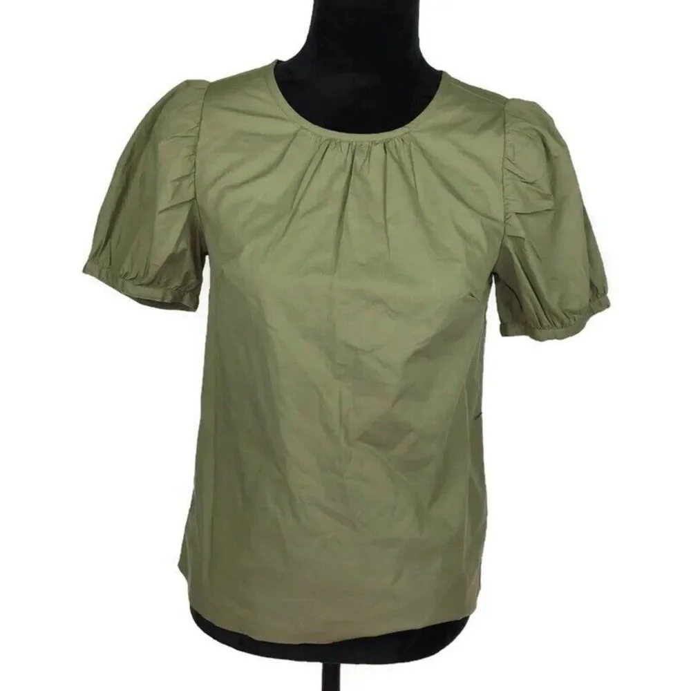 Green J. Crew Puff Sleeve Keyhole Back Cotton Poplin Short Sleeve Blouse (NWT)